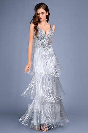Robe de soirée sexy haut en squin avec jupe à franges