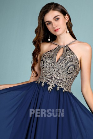 Robe de gala bleu encre haut en dentelle guipure ligne A