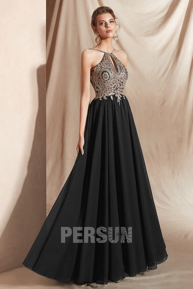 Robe de gala bleu encre haut en dentelle guipure ligne A