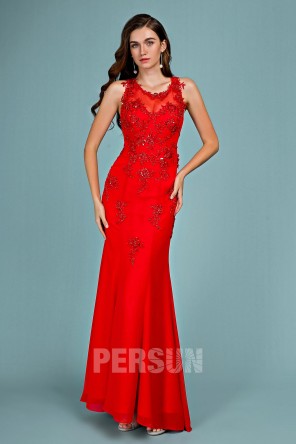 Robe de gala rouge sirène appliquée de guipure & paillettes