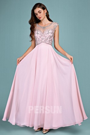 Robe de gala rose longue haut embelli de bijoux jeu transparent