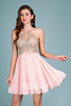Robe cocktail mariage rose pastel haut appliqué de paillettes