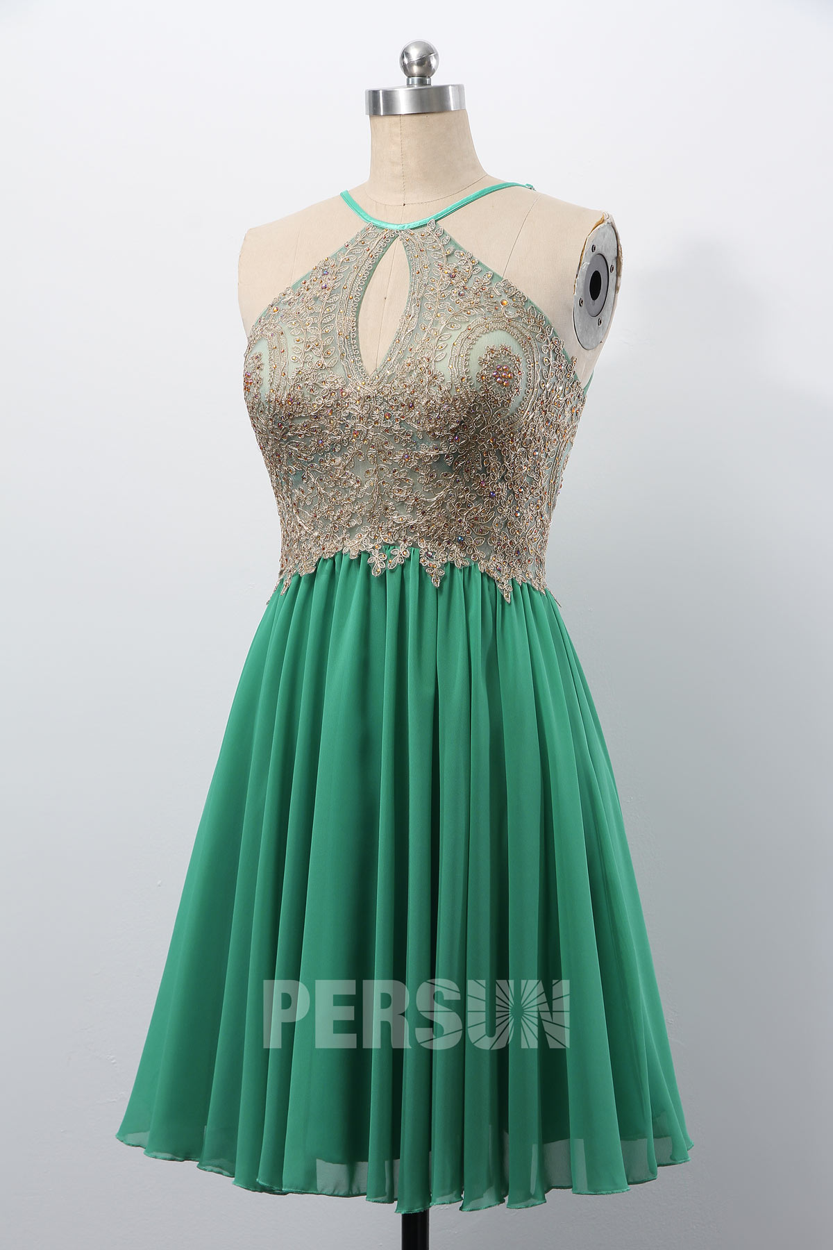 Robe cocktail mariage rose pastel haut appliqué de paillettes