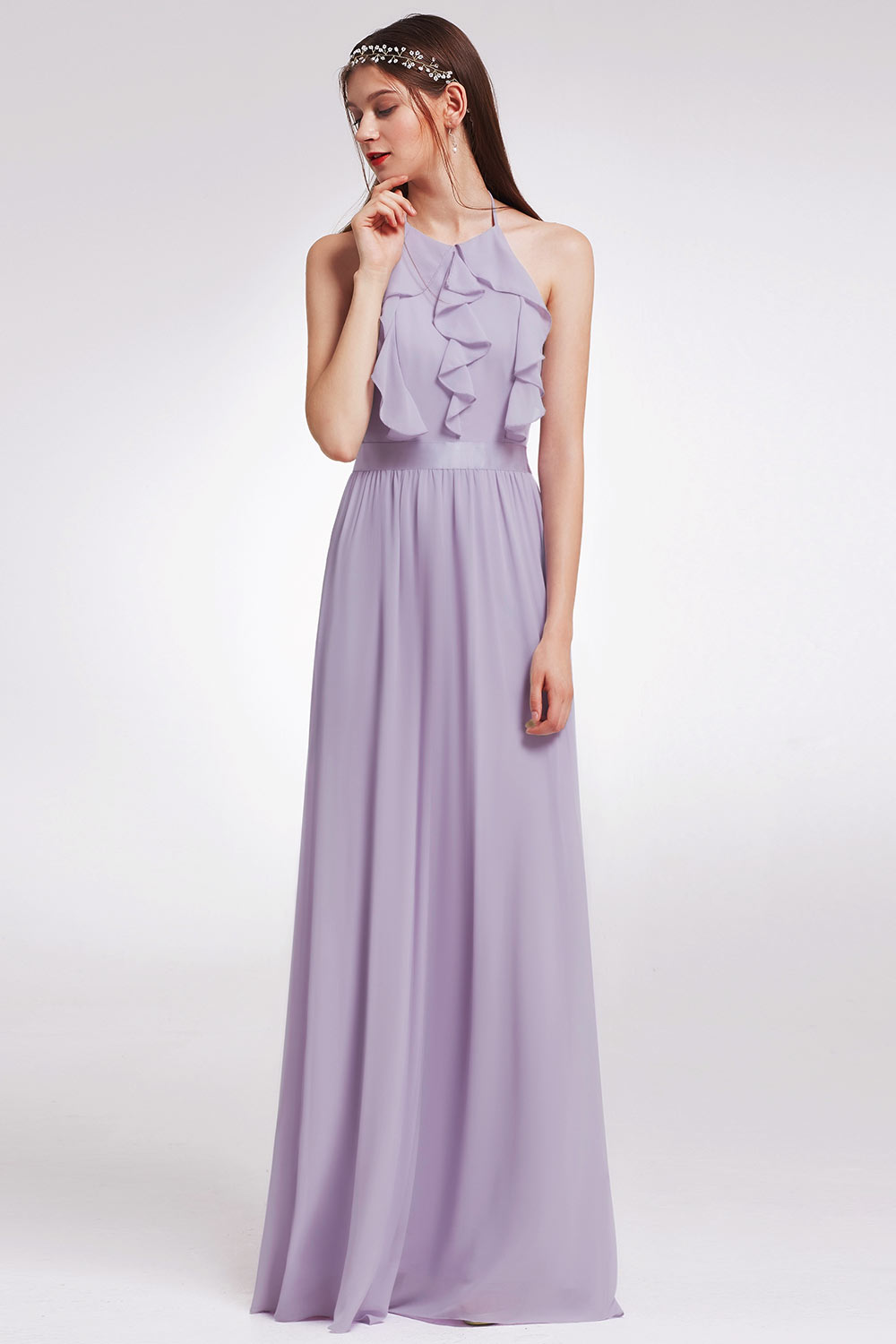 robe demoiselle d'honneur longue lilas col halter bustier à volant