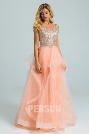 Robe soirée pêche clair bustier brodé de bijoux & jupe à volant