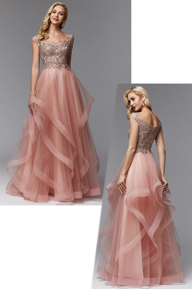 robe de soirée rose dorée longue haut pailletté épaule dégagé et jupe à volant