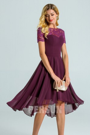 Robe cocktail bascule prune pour mariage avec manches courtes dentelle