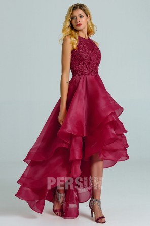 Robe rouge bordeaux courte devant longue derrière haut dentelle jupe à volant