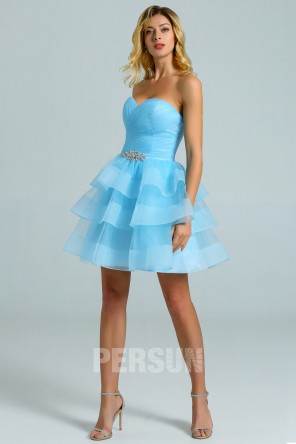 Mini robe de bal bleu ciel bustier coeur avec jupe patineuse