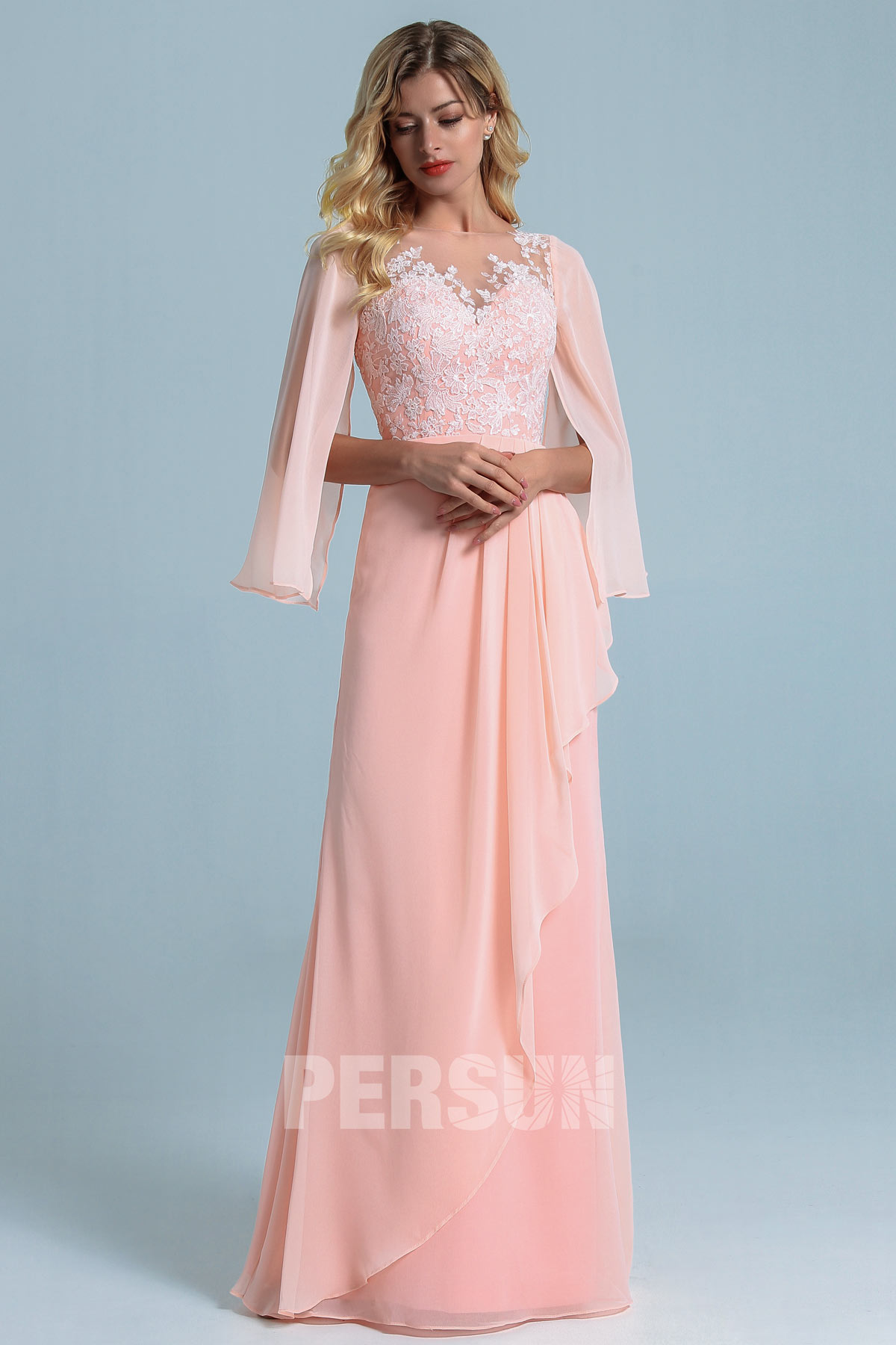 Robe longue rose perle boho haut en dentelle appliquée avec manche longue