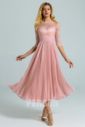 Robe rose chair haut en dentelle vintage manche courte à jupe plissé