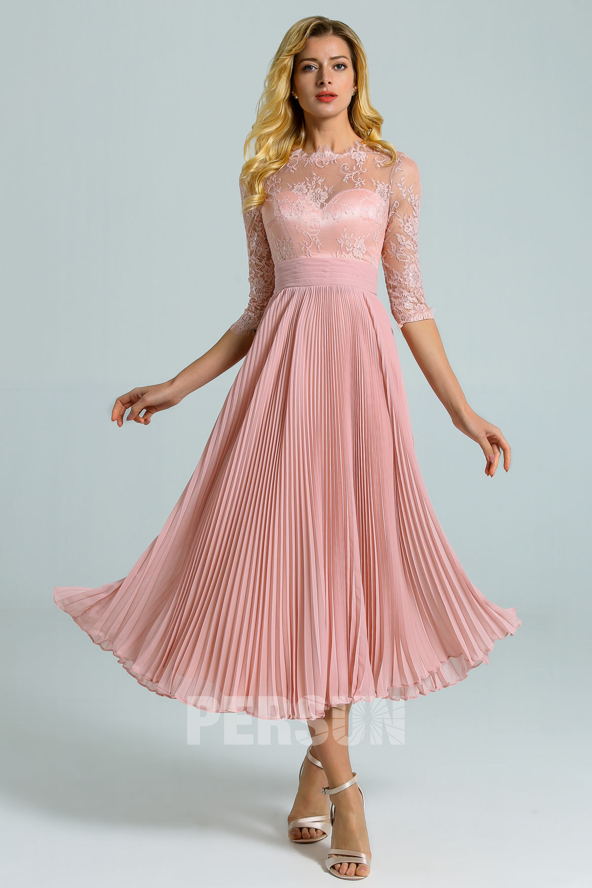 robe mère mariage midi rose chair col feston dentelle avec manche courte et jupe drapé