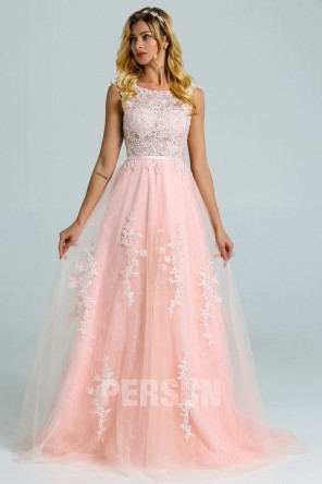 Elégant robe de soirée rose perle haut en dentelle guipure à dos ouvert