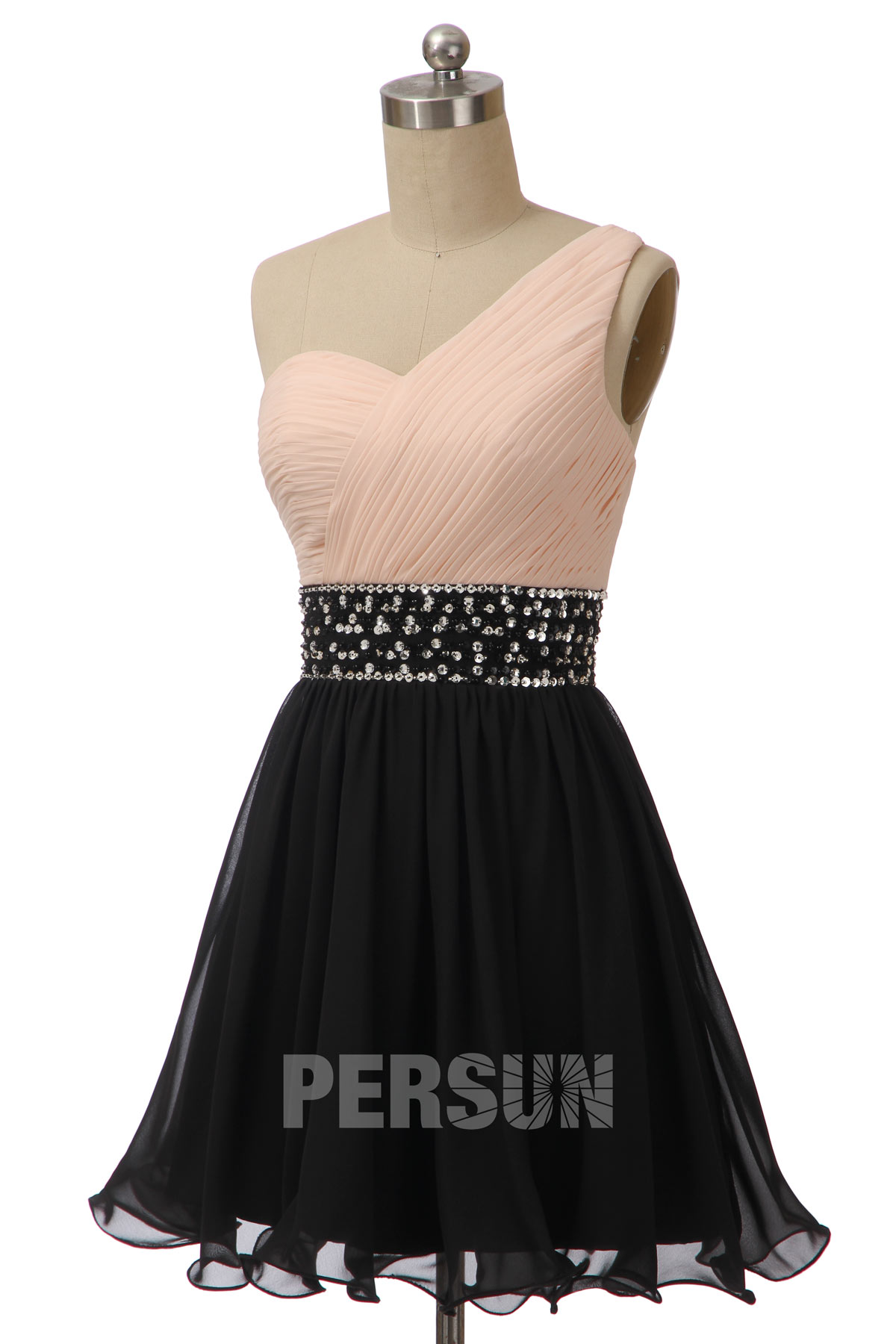 robe de cocktail courte asymétrique bicolore taille ornée de strass