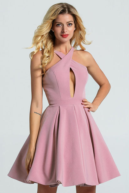 Robe bal courte jersey rose parme col halter croisé