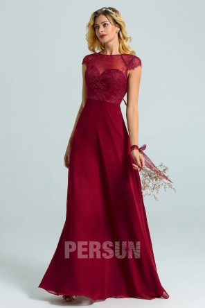 Robe longue bordeaux pour mariage manche courte feston dentelle