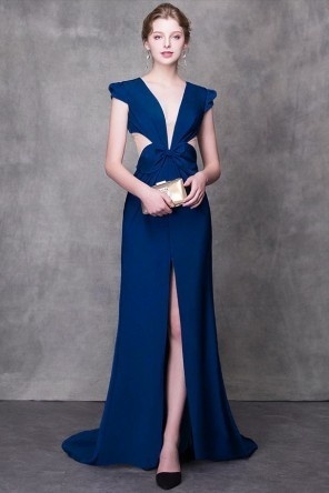 Robe de soirée bleu longue fendue col en V