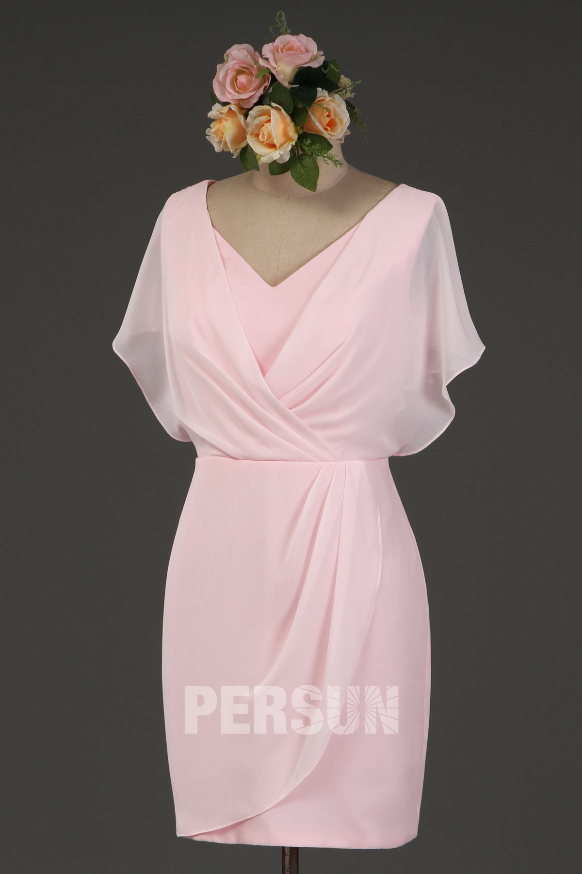 Robe cocktail mariage courte drapé en mousseline avec cape