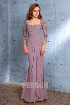 Robe de soirée sirène à manche trois quart avec appliques de dentelle