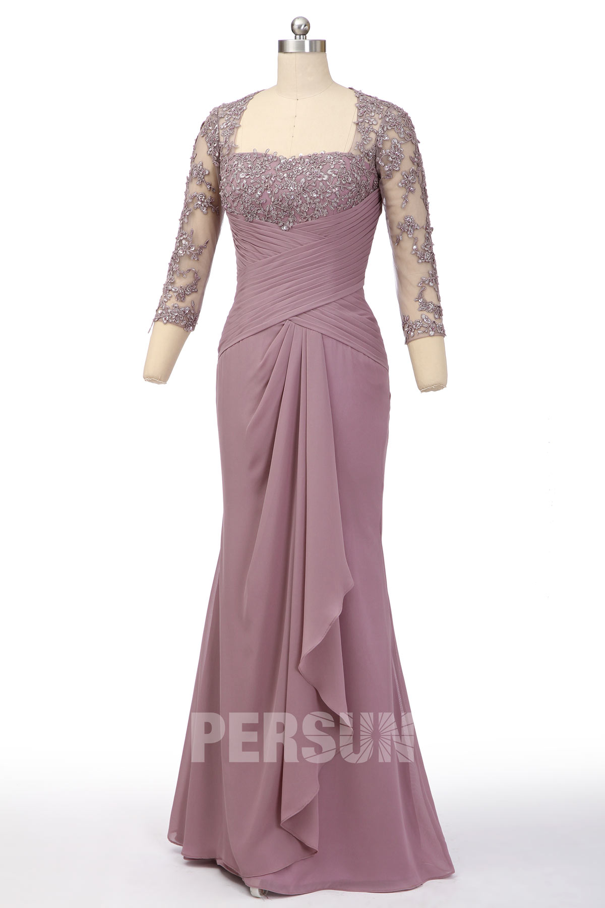 Robe de soirée sirène à manche trois quart avec appliques de dentelle