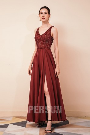 Robe soirée longue décolleté V dos nu avec fendue en mousseline
