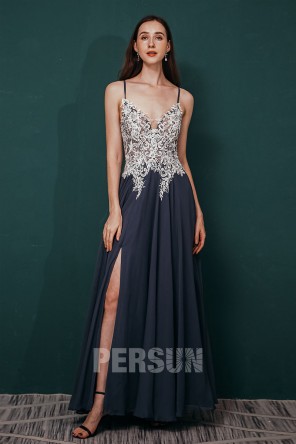 Sexy Robe de soirée bicolore décolleté V fendue dentelle guipure