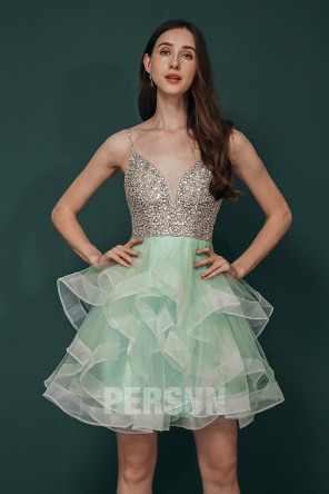 Robe courte de soirée avec bretelles ornée de paillette à volants
