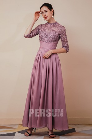 Robe longue parme en mousseline manches mi-longues