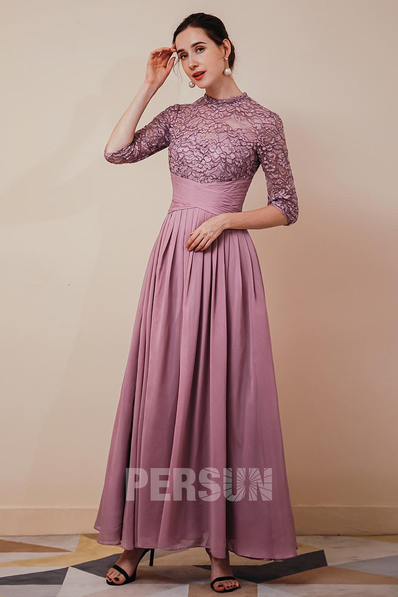 Robe longue parme en mousseline manches mi-longues