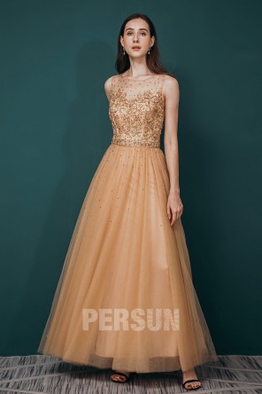 Robe de bal dorée appliqué de guipure & strass en tulle