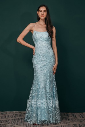 Robe soirée sirène bleu clair dos nu en dentelle guipure
