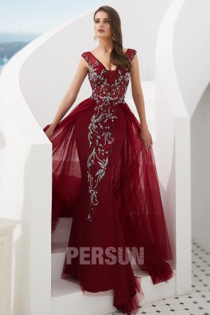 Robe de  soirée sirène bordeaux brodé de strass exquis jupe deux coupes
