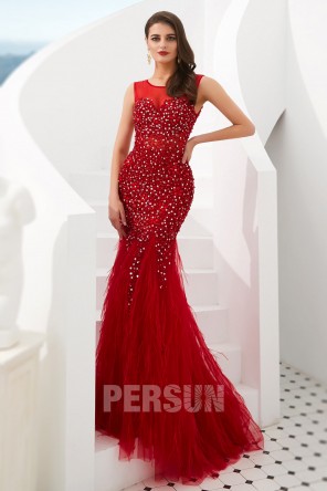 Robe de soirée sirène 2020 haut de gamme travaillé de bijoux jupe en plumes