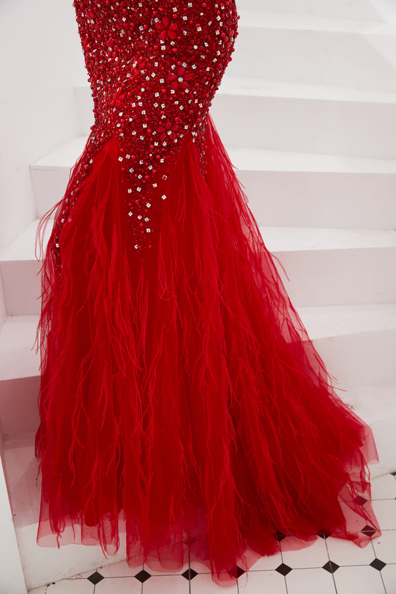 Robe de soirée sirène 2020 haut de gamme travaillé de bijoux jupe en plumes