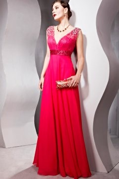 Robe soirée rouge empire sans manches col V en mousseline