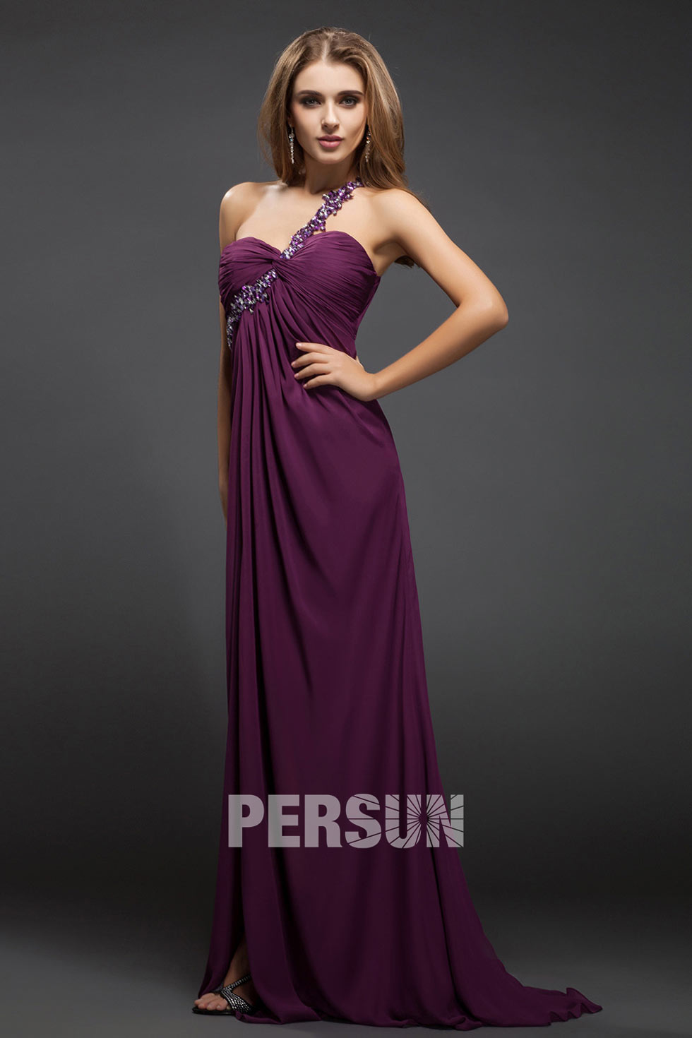 Robe cérémonie mariage fendue épaule asymétrique