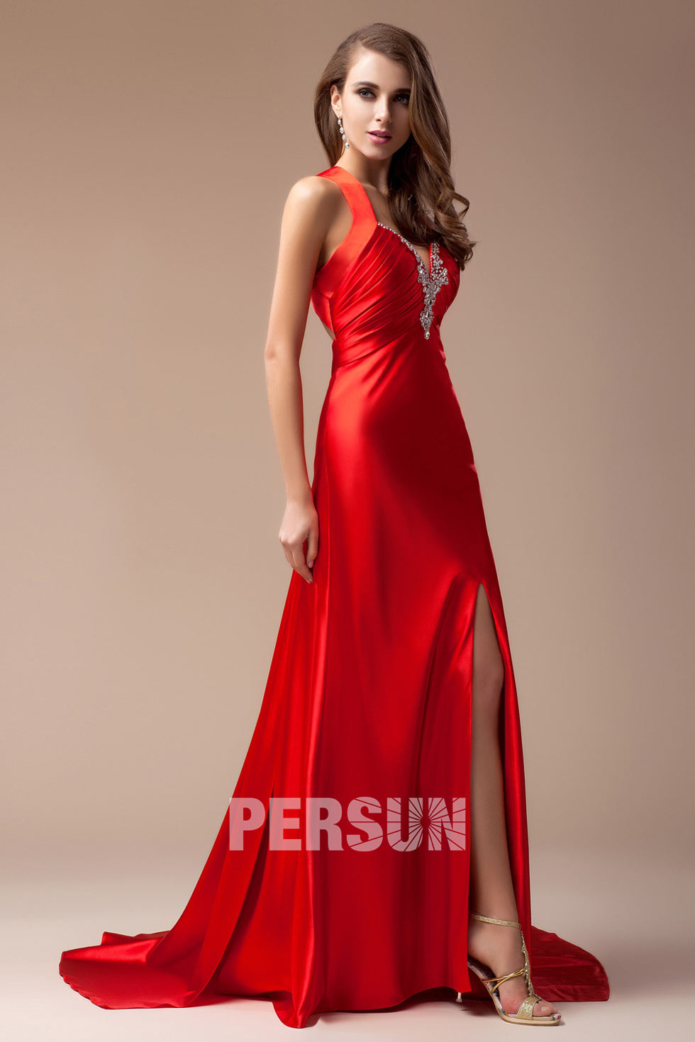 Robe de soirée rouge sexy col V avec ouverture frontale