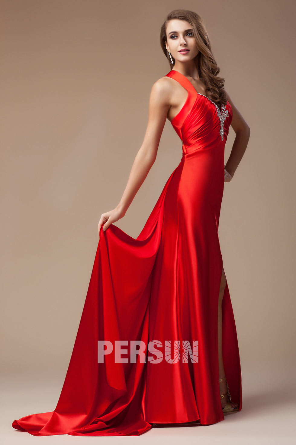 Robe de soirée rouge sexy col V avec ouverture frontale