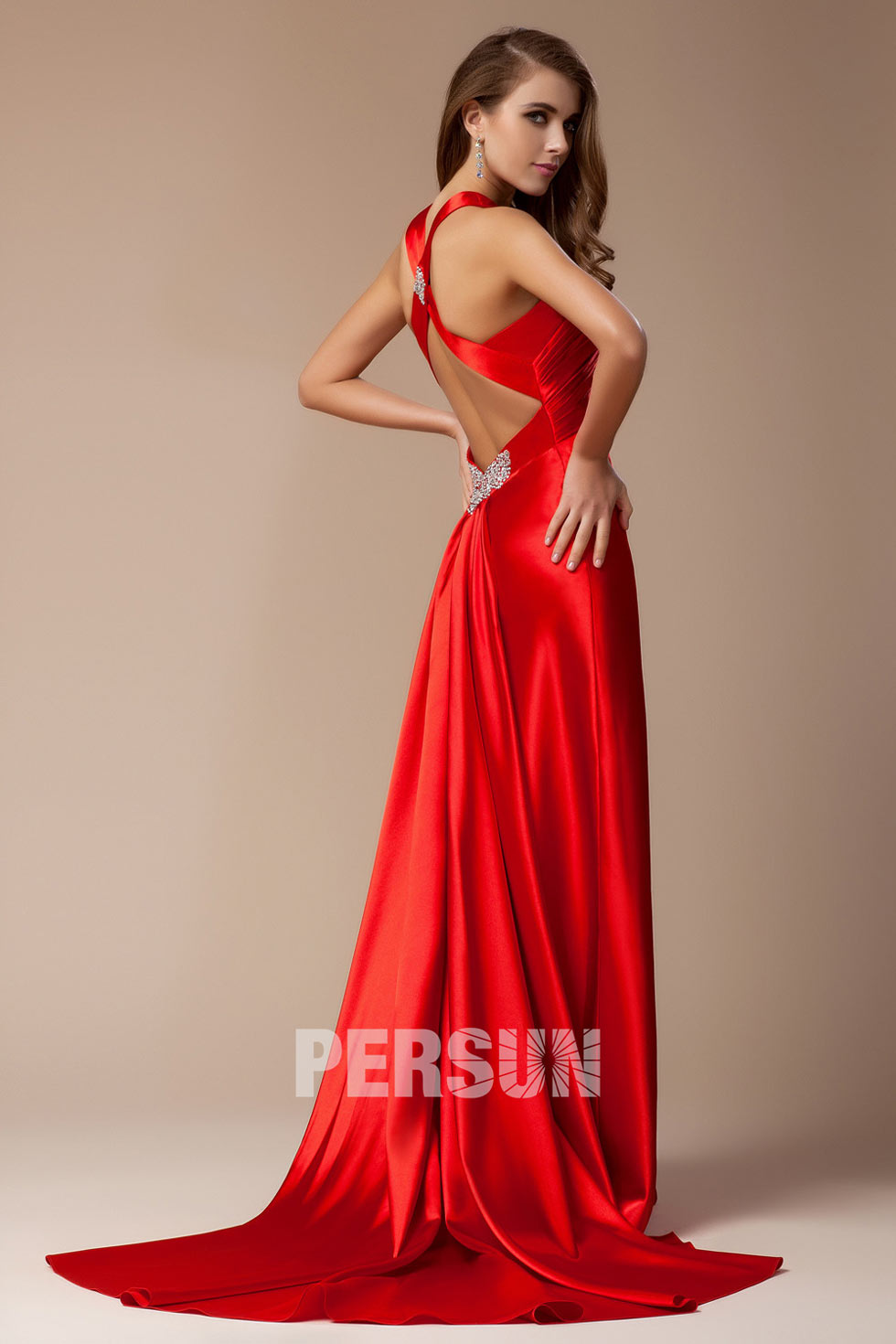 Robe de soirée rouge sexy col V avec ouverture frontale
