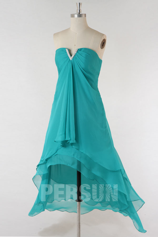 Robe bal courte devant longue derrière col V sans bretelle