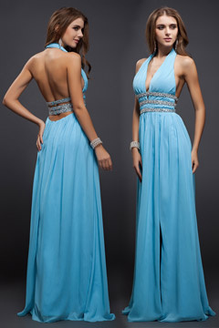 Robe soirée longue dos nu tour du cou et ouverture frontale