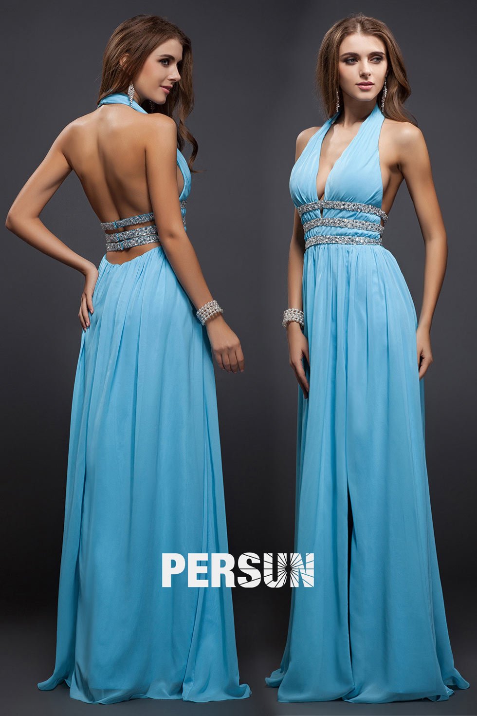 Robe soirée longue dos nu tour du cou et ouverture frontale