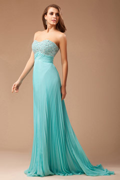 Robe gala plis sans bretelle en mousseline turquoise