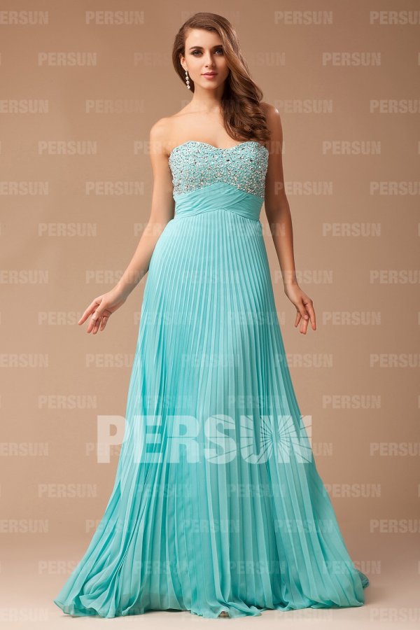 Robe gala plis sans bretelle en mousseline turquoise