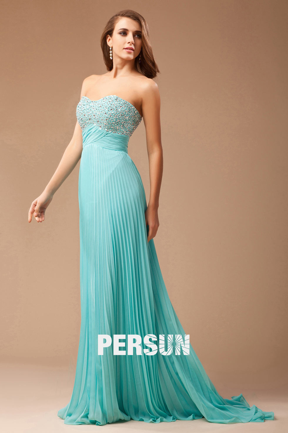 Robe gala plis sans bretelle en mousseline turquoise