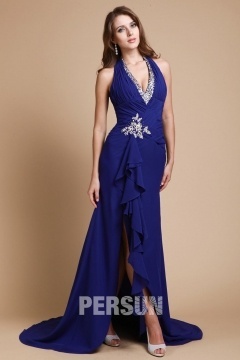 Sexy robe bal fendue décolleté V plongeant col américain