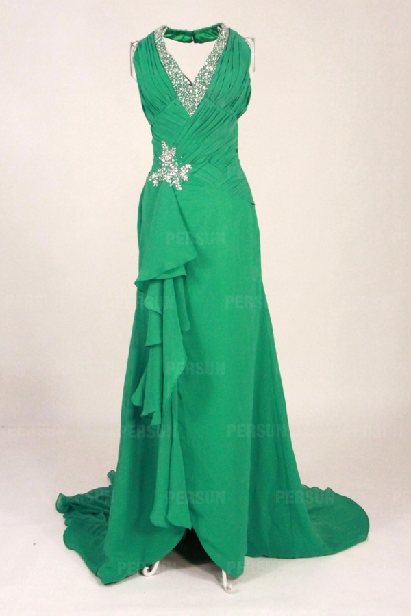 Sexy robe bal fendue décolleté V plongeant col américain