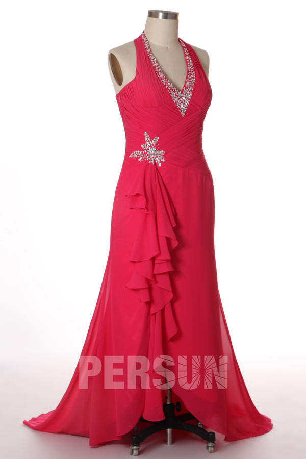 Sexy robe bal fendue décolleté V plongeant col américain
