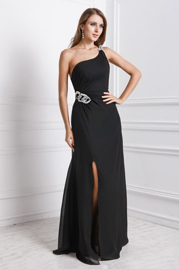 Robe soirée noir asymétrique ornée de strass avec fente frontale