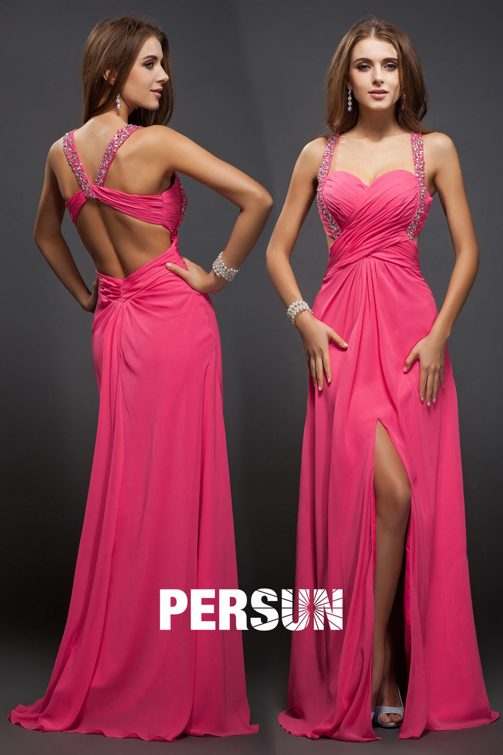 Robe fuchsia longue fendue aux bretelles strassées